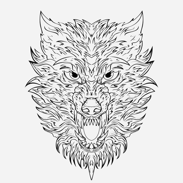 アルファ狼の頭 表情豊かな目と力強い存在感を持つ野生の詳細なイラスト