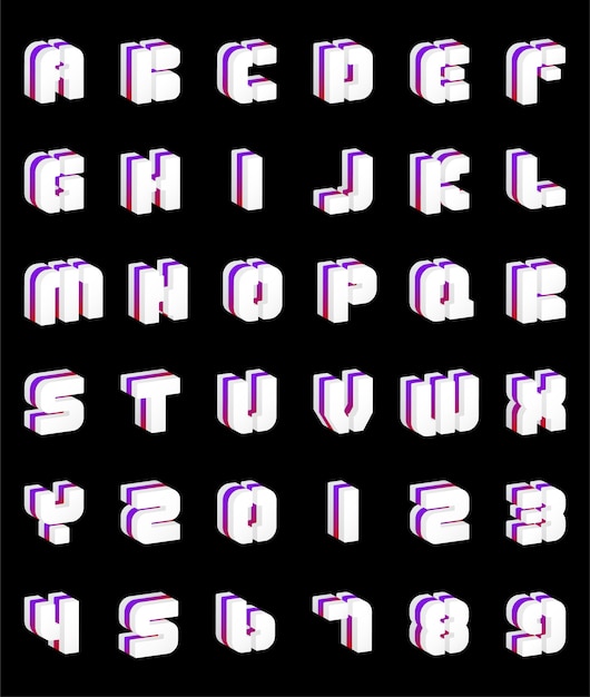 Alphabet 3d text white with Purple red and gradient layer with numbers.