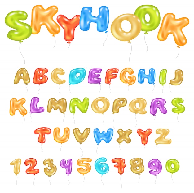 ヘリウムの色文字と数字の白い背景で隔離の漫画アルファベットセットの誕生日パーティーイラストのアルファベットabcバルーン子供アルファベットフォント
