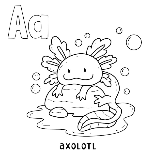 Alfabeto animale axolotl per colorare con il fumetto animale disegnato a mano di parola