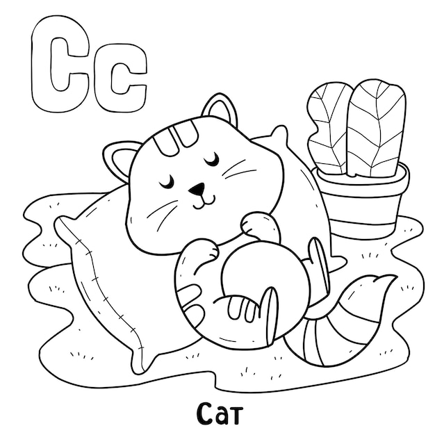 Vector alphabet animal cat for coloring with word hand drawn letter animal cartoon