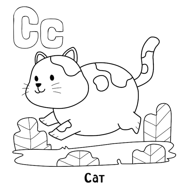 Alphabet animal cat for coloring with word hand drawn letter animal cartoon