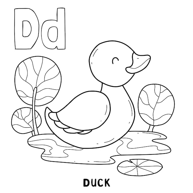 Alphabet animal duck for coloring with word hand drawn letter animal cartoon