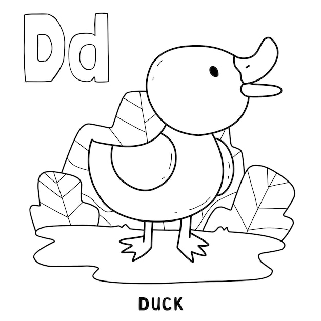 Vector alphabet animal duck for coloring with word hand drawn letter animal cartoon