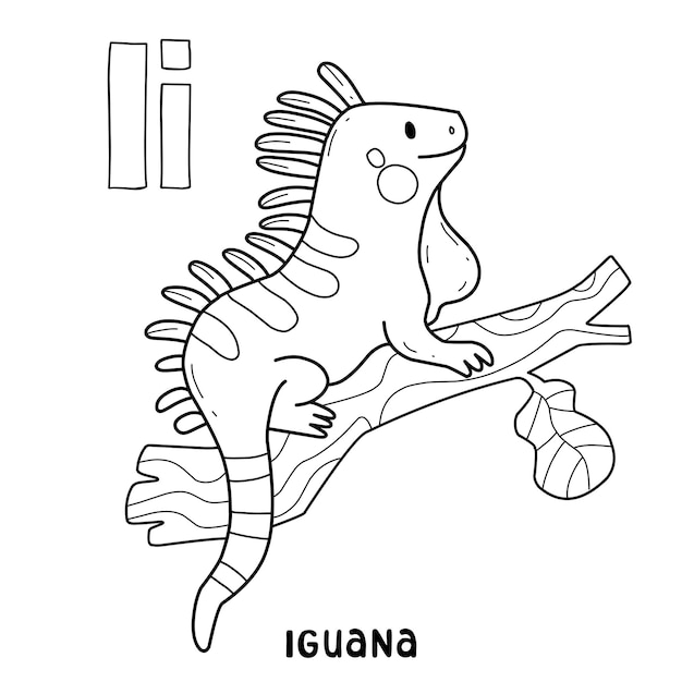 Alfabeto animale iguana per colorare con parola disegnata a mano lettera animale cartone animato