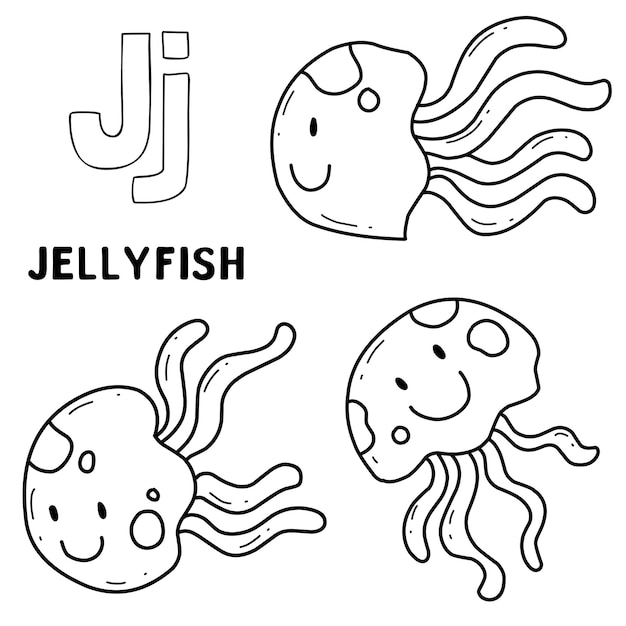 Alphabet animal jellyfish set for coloring with word hand drawn letter animal cartoon