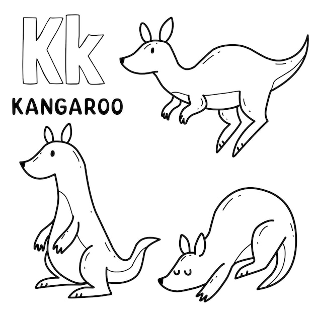 Alphabet animal kangaroo set for coloring with word hand drawn letter animal cartoon