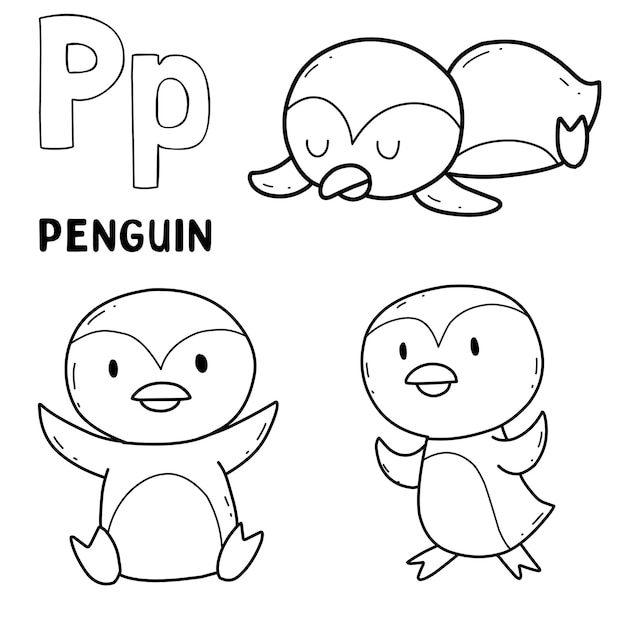 Alphabet animal penguin set for coloring with word hand drawn letter animal cartoon