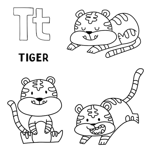 ベクトル 単語手描き文字動物漫画で着色するためのアルファベット動物虎セット