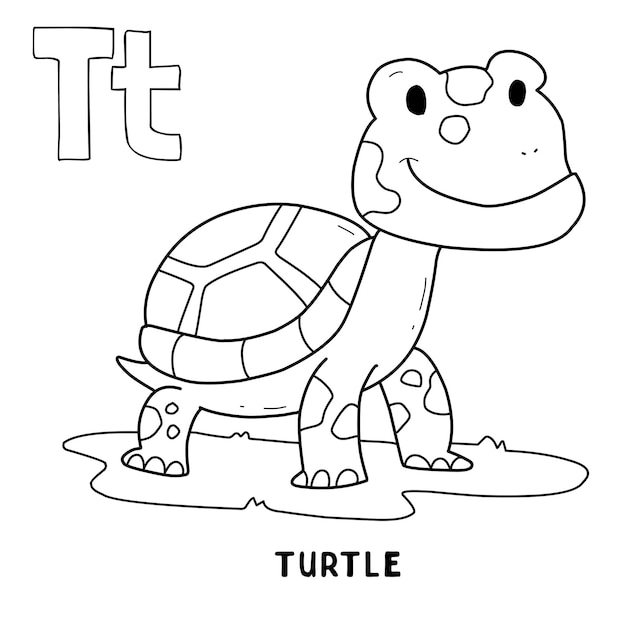 Alphabet animal turtle for coloring with word hand drawn letter animal cartoon