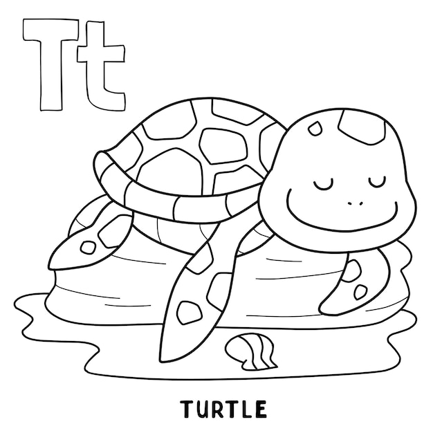Алфавитная черепаха спит для раскраски со словом, нарисованным вручную буквой, мультфильм о животных