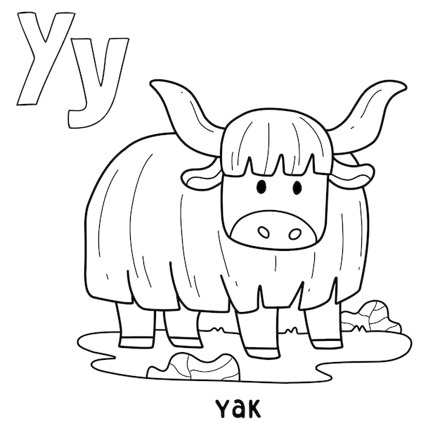 Alphabet animal yak for coloring with word hand drawn letter animal cartoon