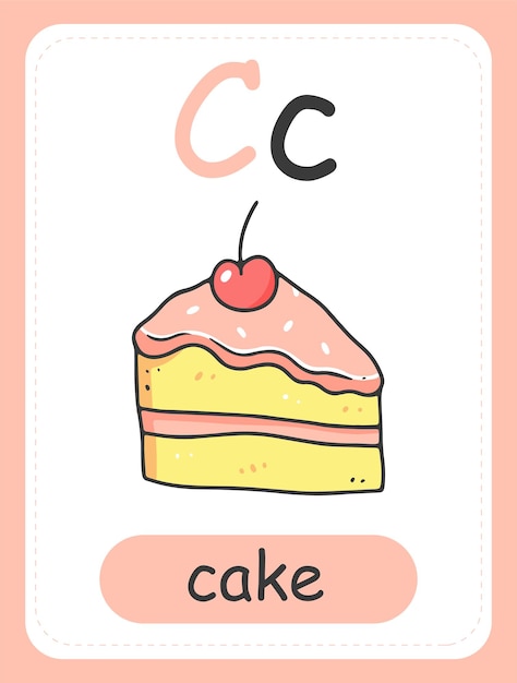 Alphabet card for children with the letter c and a piece of cake educational card for kids