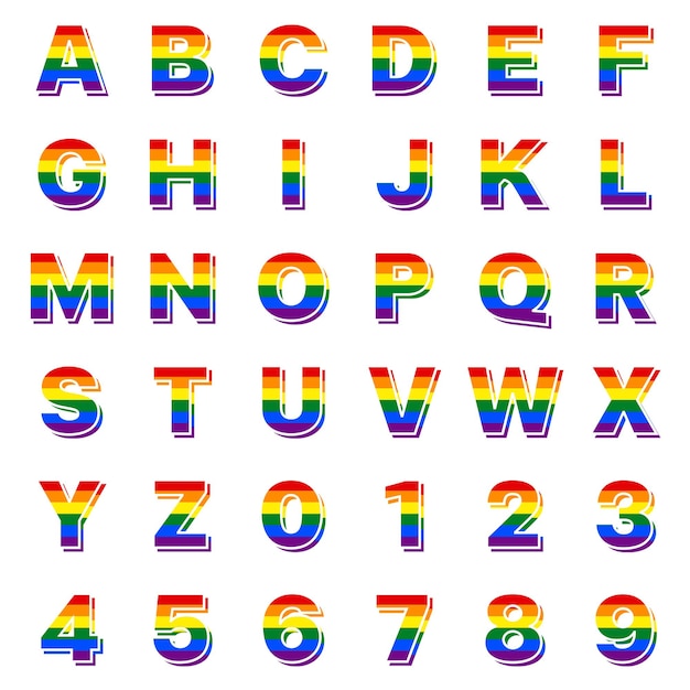 Vector alphabet character font capital letters pride month lgbtqia flag equality rainbow colorful set