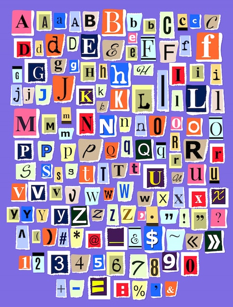 Alphabet collage ABC alphabetical font letter cutout of newspaper magazine and colorful alphabetic handmade cutting text newsprint illustration alphabetically typeset isolated on background