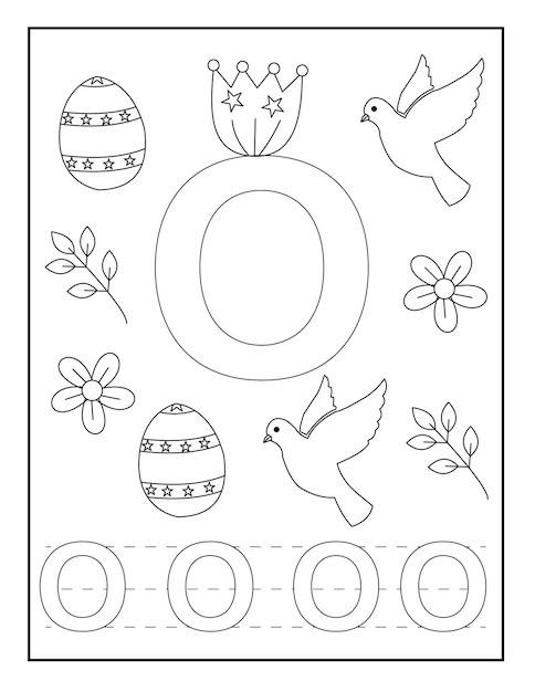 alphabet coloring pages with cute designs like Easter egg flower insects stylish font and so on