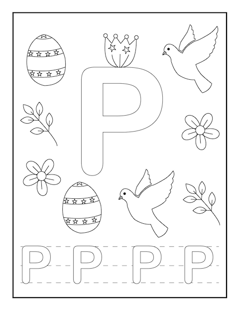 alphabet coloring pages with cute designs like Easter egg flower insects stylish font and so on