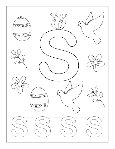 alphabet coloring pages with cute designs like Easter egg flower insects stylish font and so on