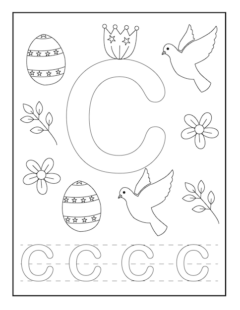 alphabet coloring pages with cute designs like Easter egg flower insects stylish font and so on