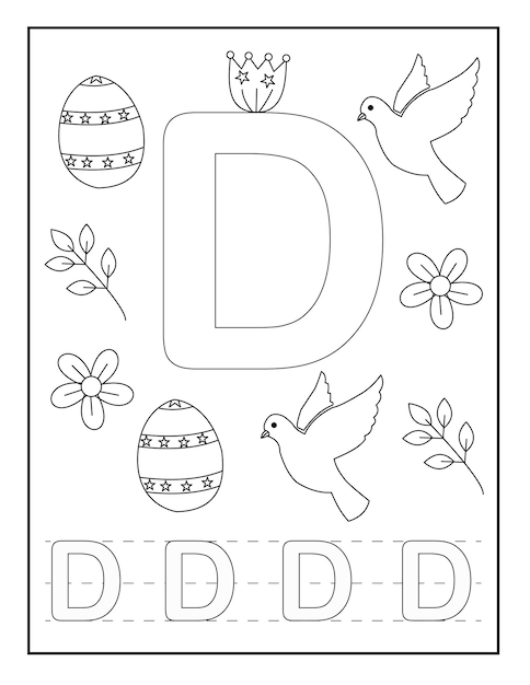 alphabet coloring pages with cute designs like Easter egg flower insects stylish font and so on