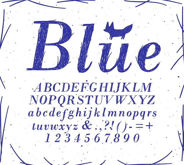 Vector alphabet crosshatch pen line style drawing with blue color on white background