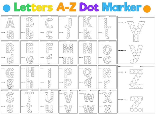 アルファベット ドット マーカー ブック、ドット アクティビティの印刷可能なワークシートを軽くたたく幼稚園の塗り絵