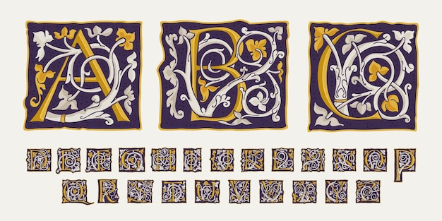 アルファベットのドロップ キャップ セット金の質感とつるルネッサンスの書道を持つ正方形の中世のイニシャル