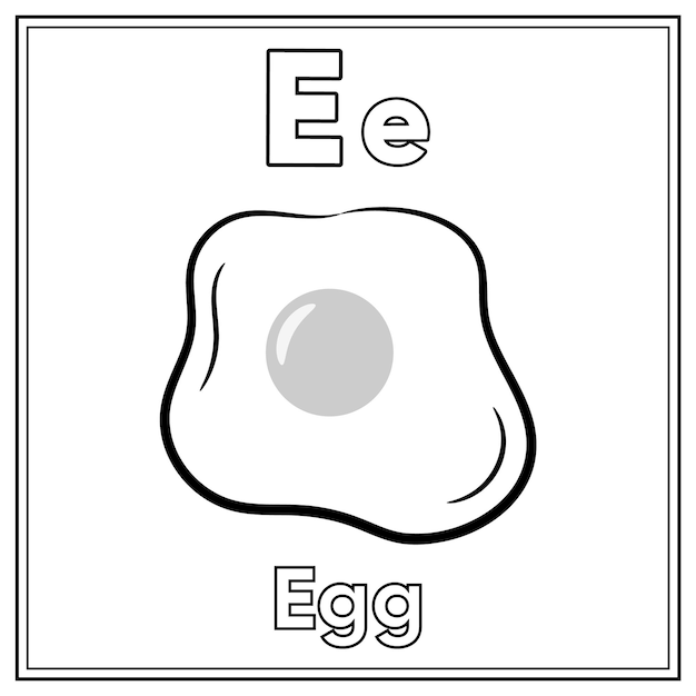 Алфавитная карточка буква Е с милым эскизом рисования яиц для раскраски