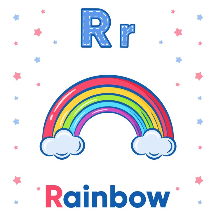 वेक्टर alphabet flashcard letter r with cute rainbow drawing
