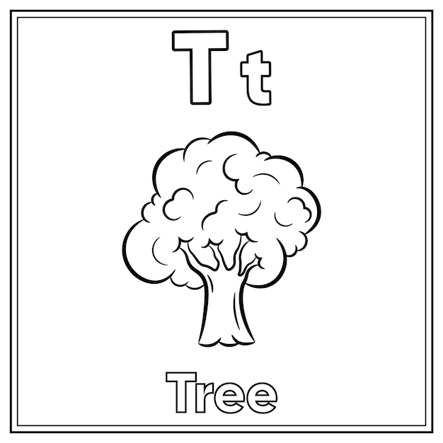 Alphabet flashcard letter t with cute tree drawing sketch for coloring