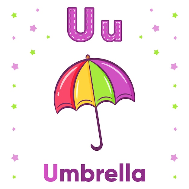 Alphabet flashcard letter u with cute umbrella drawing