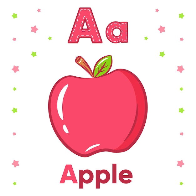 Alphabet flashcard letter A with cute apple drawing