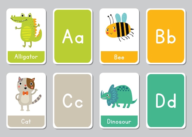 Vector alphabet flashcards for kids. beautiful printable alphabet cards. flashcards a to d