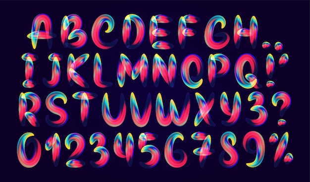 Alphabet font of melting liquid gradient. fluid colorful letter. abstract soft english alphabet font. design 3d numbers sign isolated on black background. vector illustration