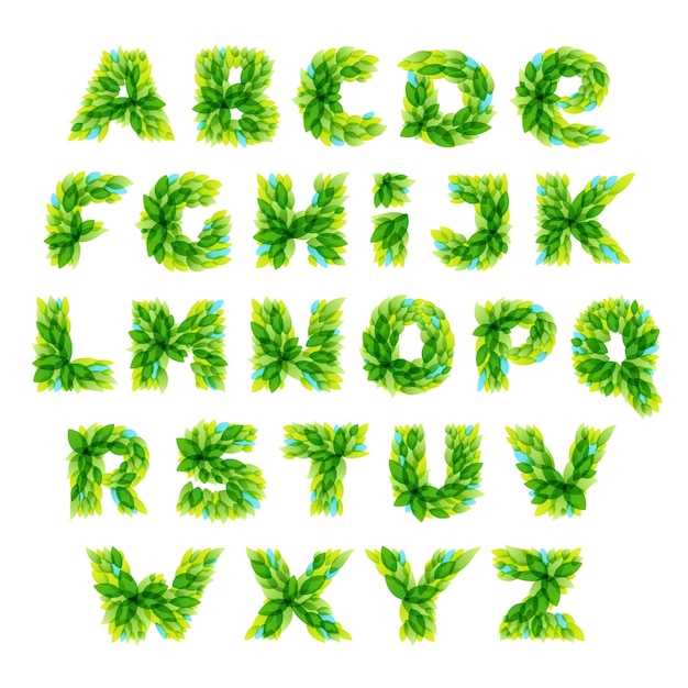 Vector alphabet formed by watercolor fresh green leaves.