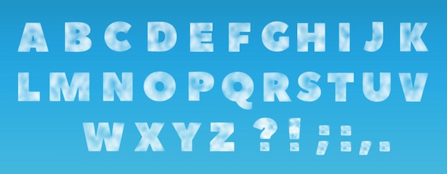 Alphabet from clouds on a blue background. Realistic illustration.