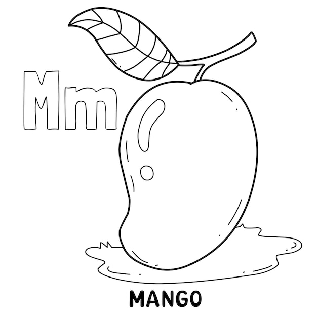 Вектор Алфавит фруктовый манго для раскраски со словом рисованной буквой фруктовый мультфильм