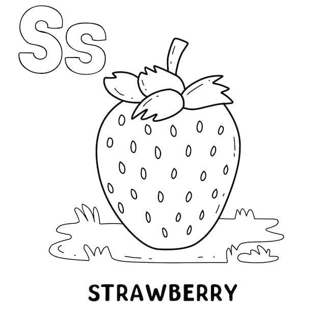 Alphabet fruit strawberry for coloring with word hand drawn letter fruit cartoon