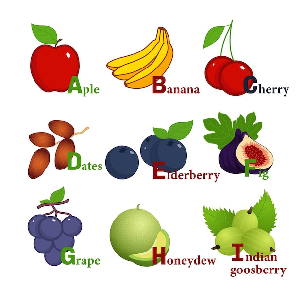 Alphabet Fruit Vector Set From A to I Illustration Education for children preschool cute poster