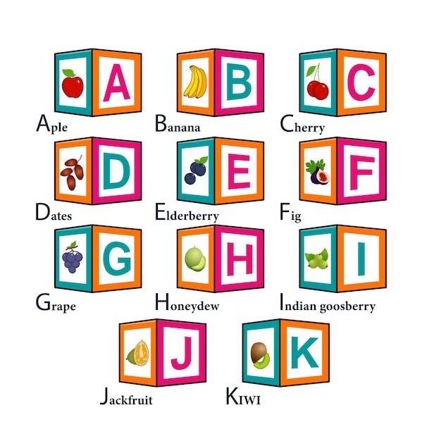 Vettore alphabet _ fruit vector set from a to k illustrazione istruzione per bambini in età prescolare carino pos