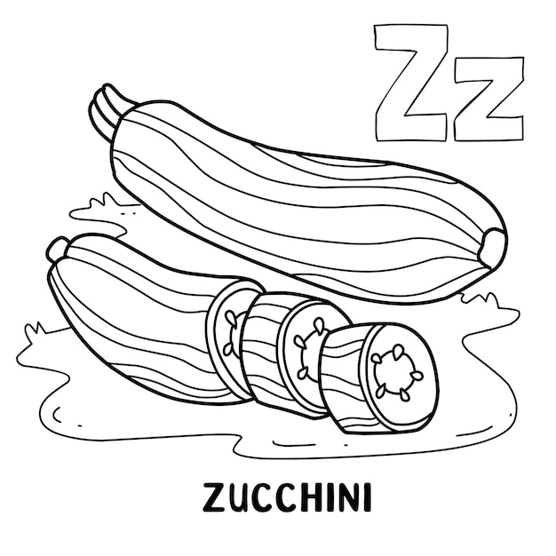 Alphabet fruit zucchini for coloring with word hand drawn letter fruit cartoon