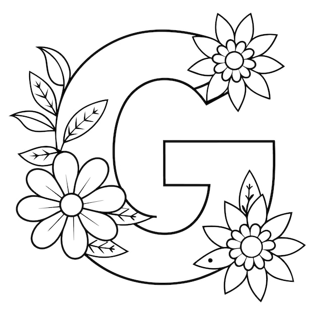 Alphabet G kleurpagina met de bloem letter G digitale omtrek bloemen kleurpagina ABC colorin