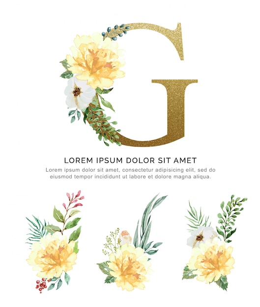 Vector alphabet g with bouquets flower collection watercolor.