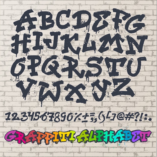 Vettore alfabeto graffity vector carattere alfabetico abc di pennellata con lettere e numeri o grunge illustrazione alfabetica tipografia isolato sullo spazio del muro di mattoni