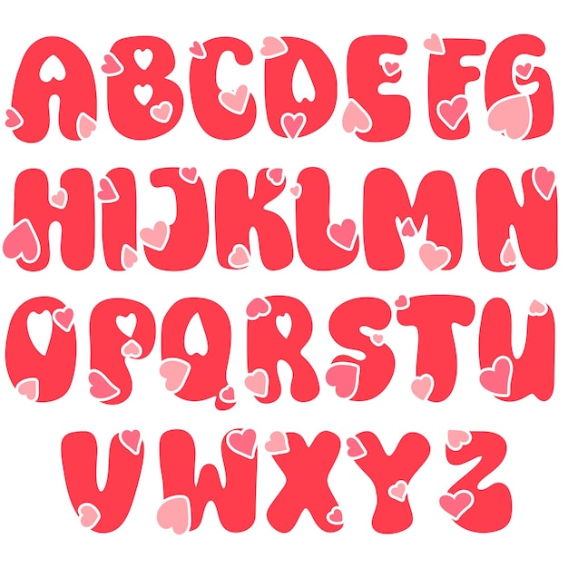 Vector alphabet hand drawn bundle with hearts valentines day handwritten letters