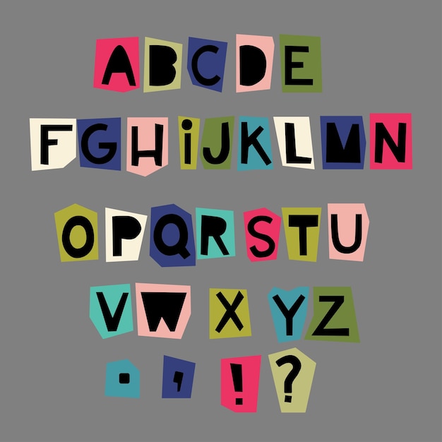 Alphabet hand drawn letters in doodle style Letters cut from colored paper newspaper or magazine