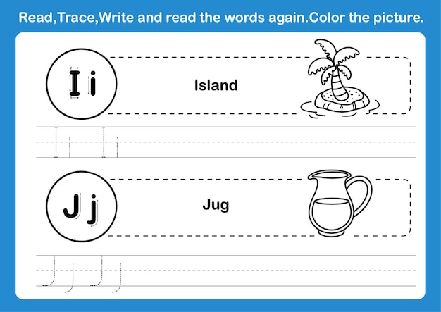 Alphabet i-j exercise with cartoon vocabulary for coloring book illustration