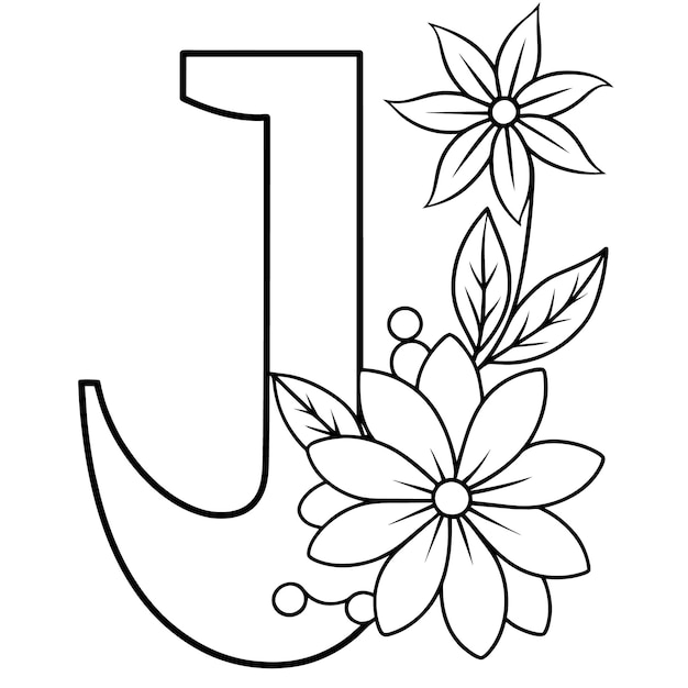 Alphabet J coloring page with the flower J letter digital outline floral coloring page ABC colorin