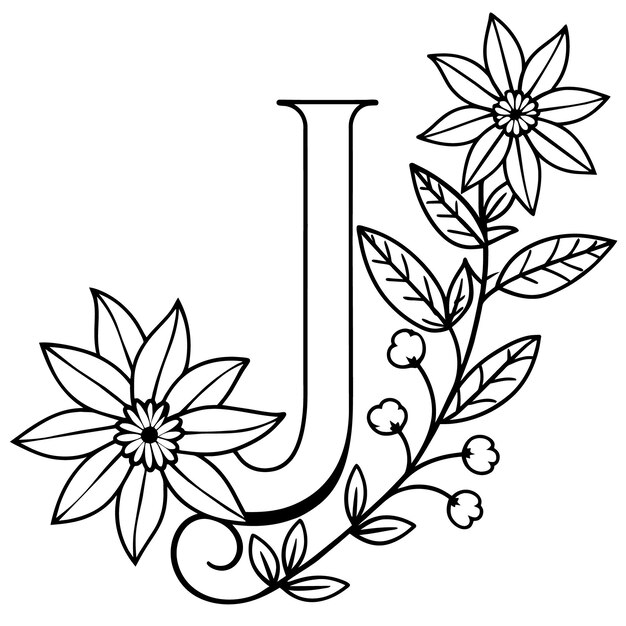 Alphabet J coloring page with the flower J letter digital outline floral coloring page ABC colorin