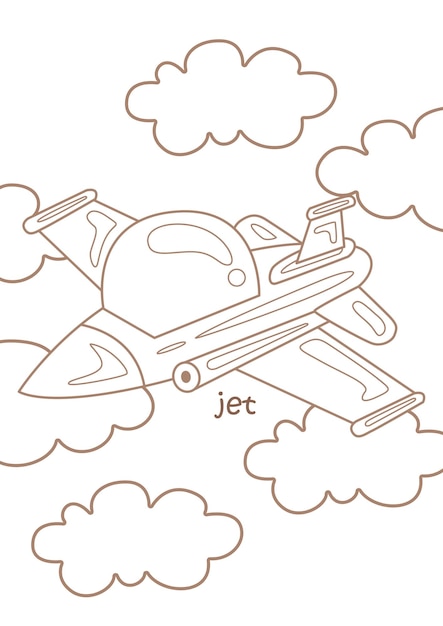 Вектор Раскраски алфавит j для jet vocabulary для детей и взрослых